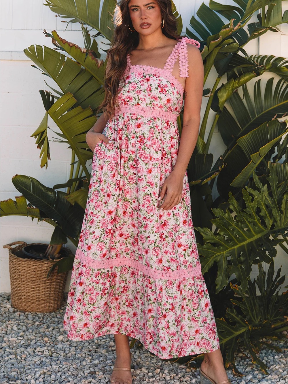 Floral Pink Maxi Dress with Crochet Trim